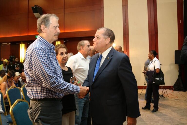 Hon. Audley Shaw (right), Minister of Industry, Commerce, Agriculture and Fisheries, greets Vicente Fox, former president of Mexico, at the 3rd Annual Global B2B Cannabis Conference & Expo, CanEx Jamaica, held at the Montego Bay Conference Centre on Friday, September 28, 2018.